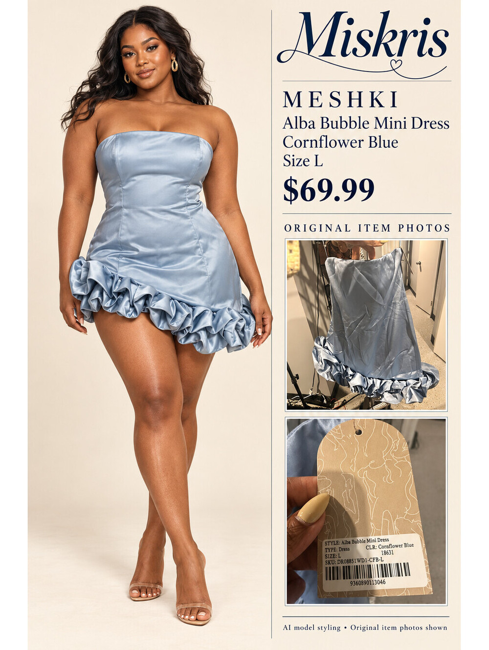 MESHKI Alba Bubble Mini Dress Large Cornflower Blue Strapless Satin Look NWT